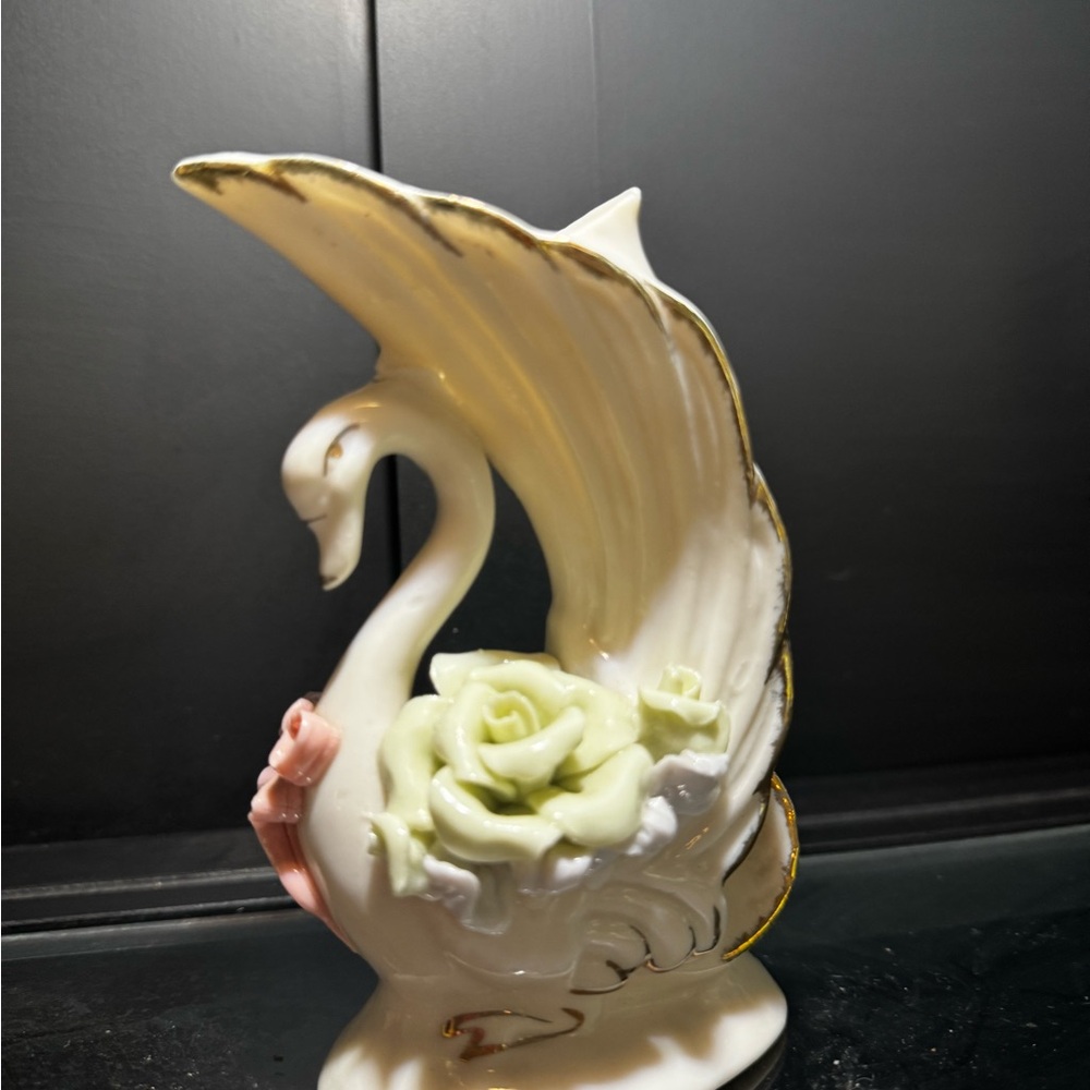 Small Elegant Ceramic Swan Figurine Vase with Floral Accents